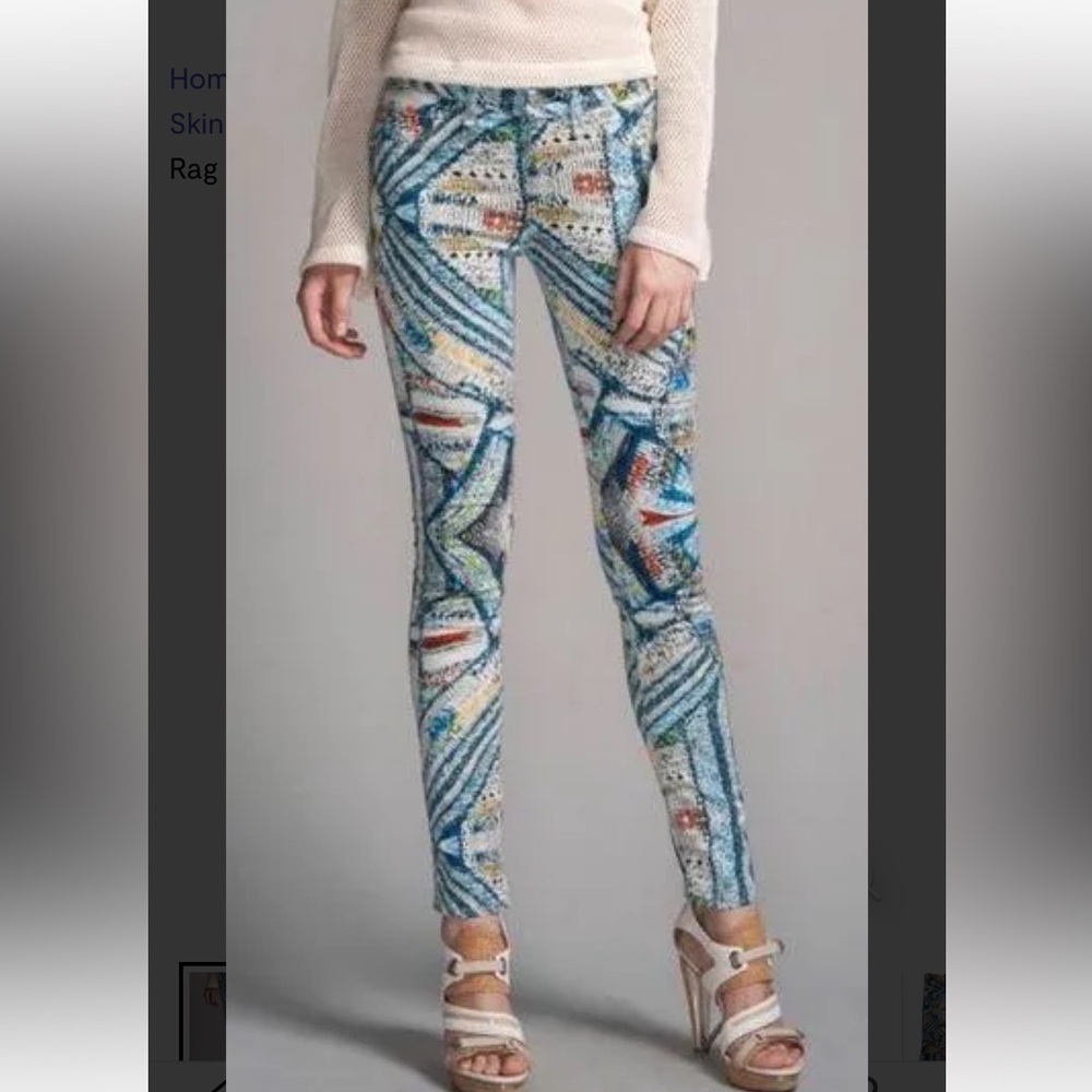 Rag and Bone surf knit legging jeans.Size 27. Bright abstract  print on white.